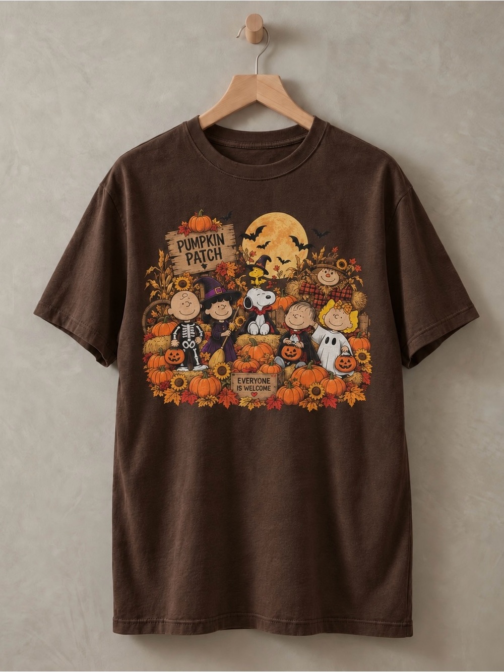 Dark chocolate Snoopy Pumpkin Patch Spooky Fall Aesthetic Womens Tee Shirt - Picture 2 of 4